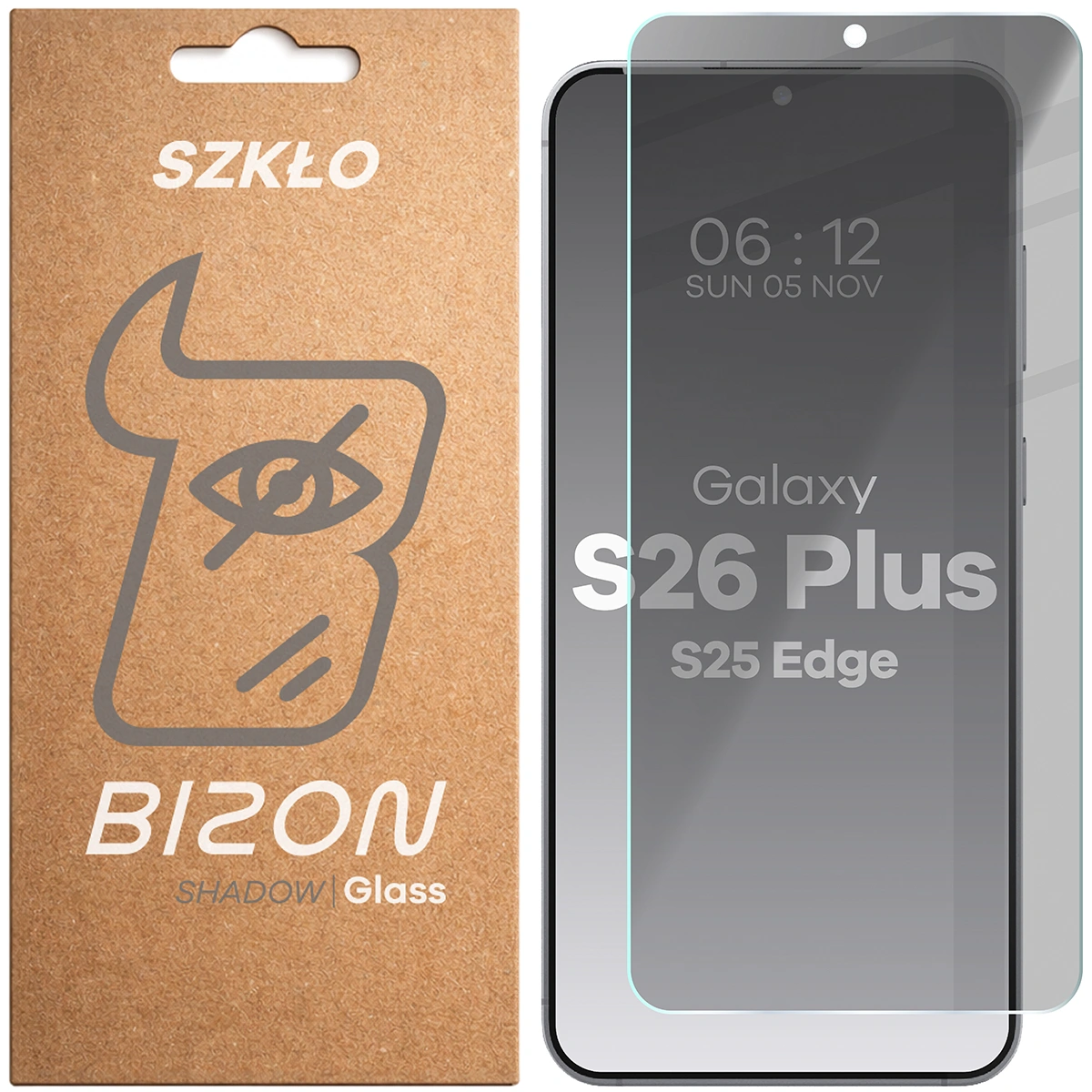 Pudełko i szkło prywatyzujące Bizon Glass Clear Shadow do Galaxy S26 Plus / S25 Edge